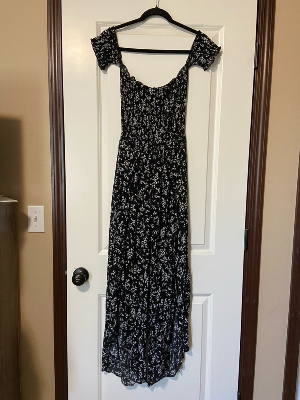 Black Floral Off-Shoulder Jumpsuit with Smocked Bodice